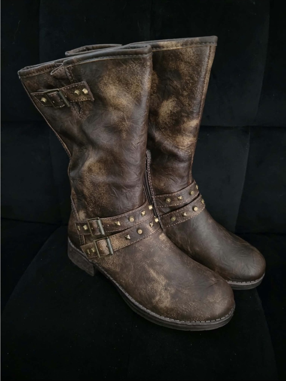 CL by Chinese Laundry Brown Distressed Studded Moto Boots